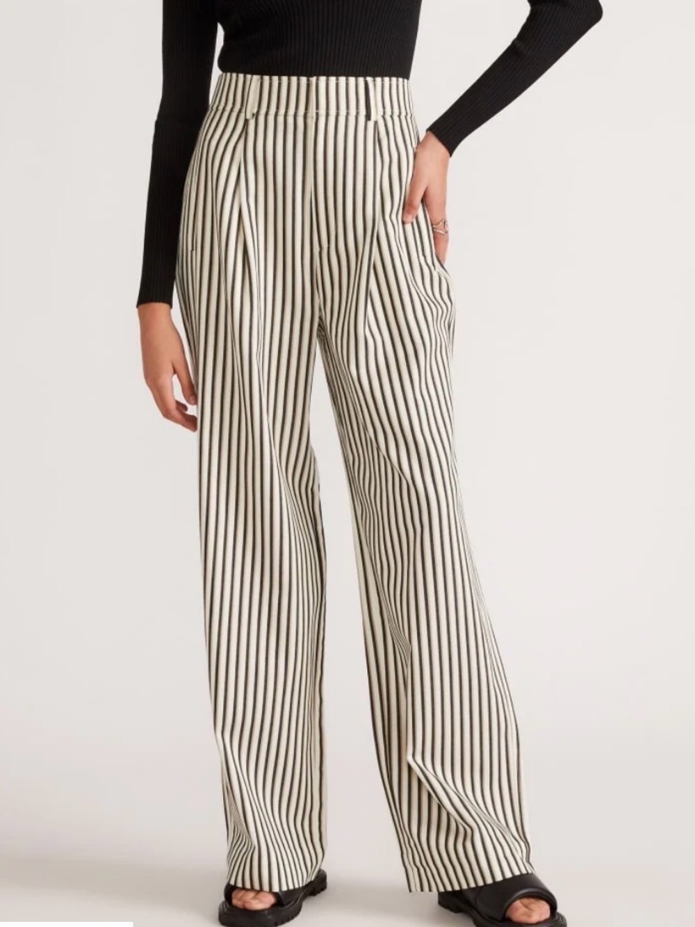 Everlane Draper Pleated Taper Pants high waist striped tencel cream black 8 New